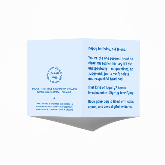 Funny birthday card showing front and back with extra punchline.