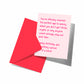 Pink card with humorous text and red envelope on a white background