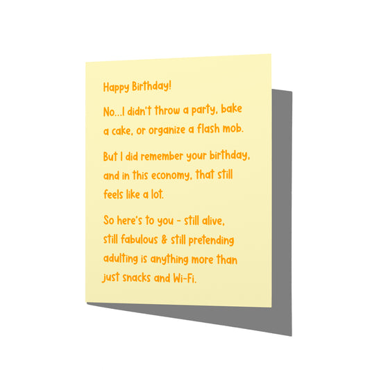 Funny birthday card with snarky adulting humor message on front, blank inside.