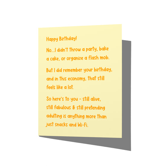 Funny birthday card with snarky adulting humor message on front, blank inside.