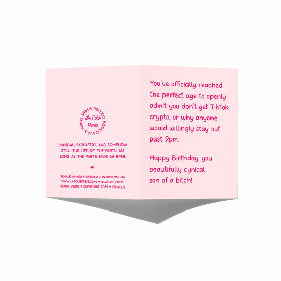 Funny birthday card showing front and back with extra punchline.