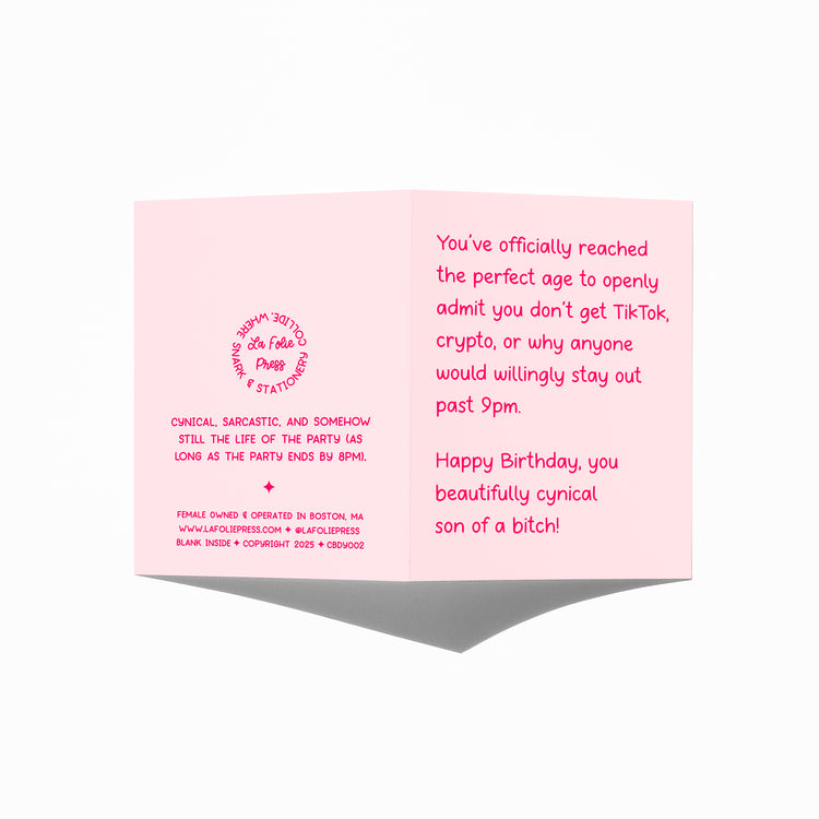 Funny birthday card showing front and back with extra punchline.