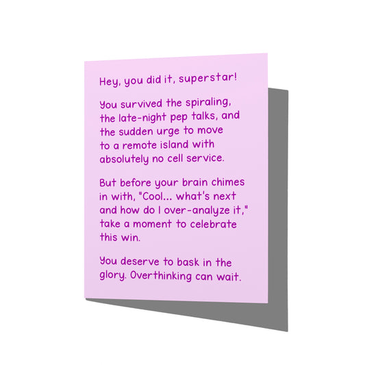 Funny congrats card with witty overthinking humor message on front, blank inside.