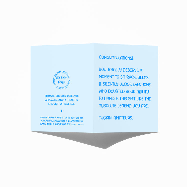 Funny congrats card showing front and back with extra punchline.