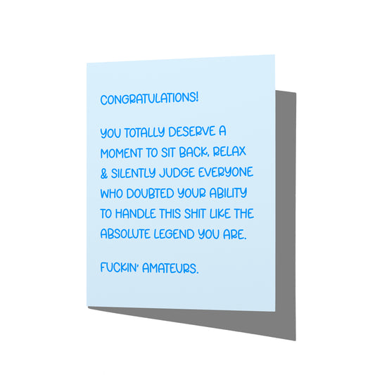 Funny congrats card with witty side-eye success humor message on front, blank inside.