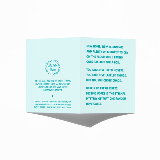 Funny new home card showing front and back with extra punchline.