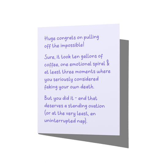 Funny congrats card with witty chaos gremlin humor message on front, blank inside.