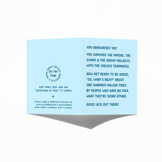 Funny graduation card showing front and back with extra punchline.