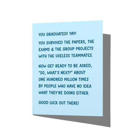 Funny graduation card with witty “something in tech” humor message on front, blank inside.