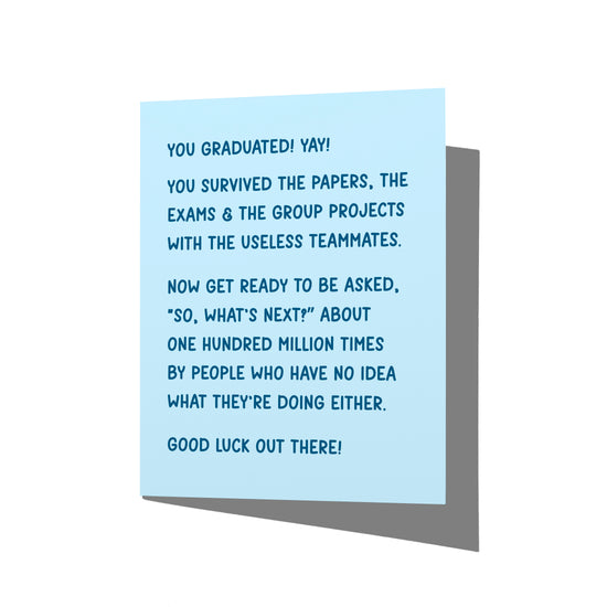 Funny graduation card with witty “something in tech” humor message on front, blank inside.