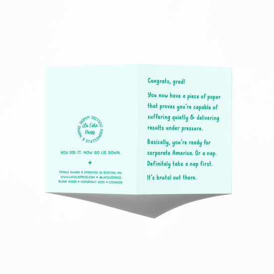 Funny graduation card showing front and back with extra punchline.