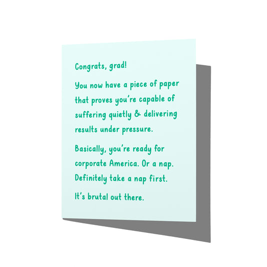 Funny graduation card with witty corporate humor message on front, blank inside.