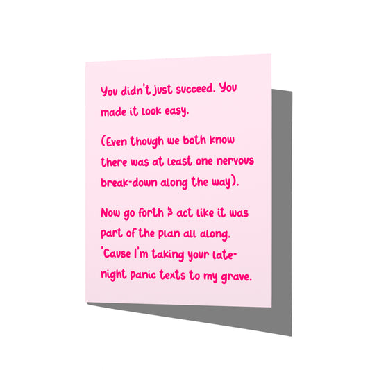 Funny congrats card with witty stick-the-landing humor message on front, blank inside.