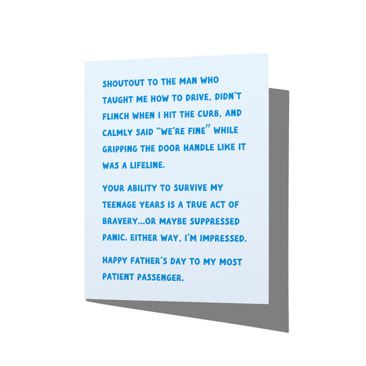 Funny Father’s Day card with witty driving lesson humor message on front, blank inside.