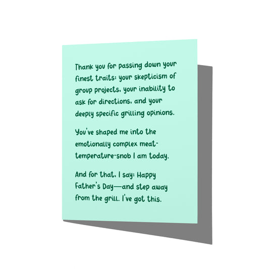 Funny Father’s Day card with witty grilling humor message on front, blank inside.