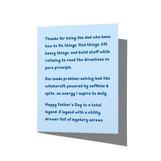 Funny Father’s Day card with witty fix-it dad humor message on front, blank inside.