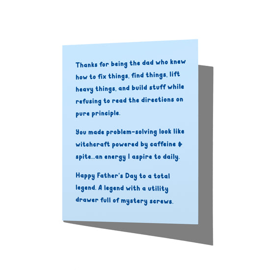 Funny Father’s Day card with witty fix-it dad humor message on front, blank inside.