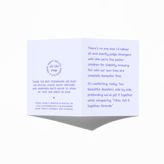 Funny friendship card showing front and back with extra punchline.