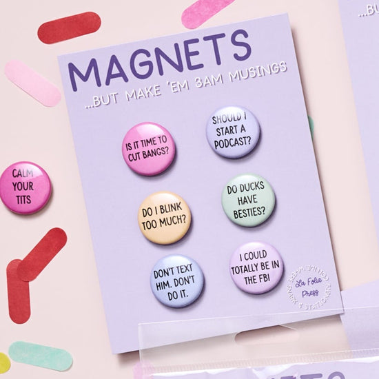 Humorous overthinking magnet set with phrases like should I start a podcast and do ducks have besties