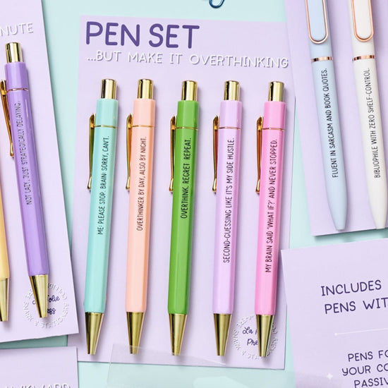 Overthinking pen set featuring pastel ballpoint pens with snarky phrases, black ink, stationery gift for anxious minds.