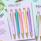 Set of snarky procrastination pens in pastel colors with black ink, packaged on a backing card inside a clear cello sleeve.