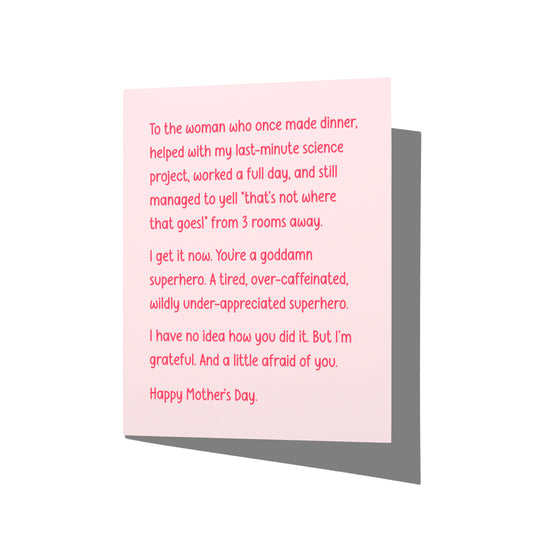 Funny Mother’s Day card with witty superhero mom humor message on front, blank inside.