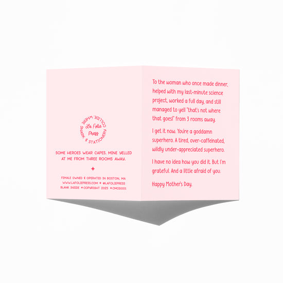 Funny Mother’s Day card showing front and back with extra punchline.