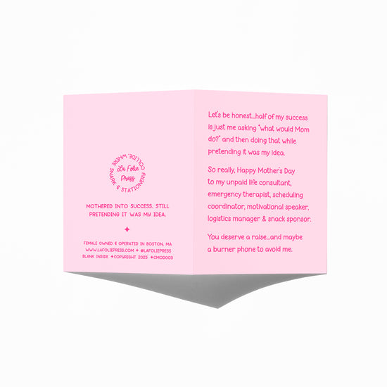 Funny Mother’s Day card showing front and back with extra punchline.