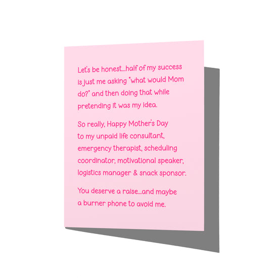 Funny Mother’s Day card with witty life consultant humor message on front, blank inside.